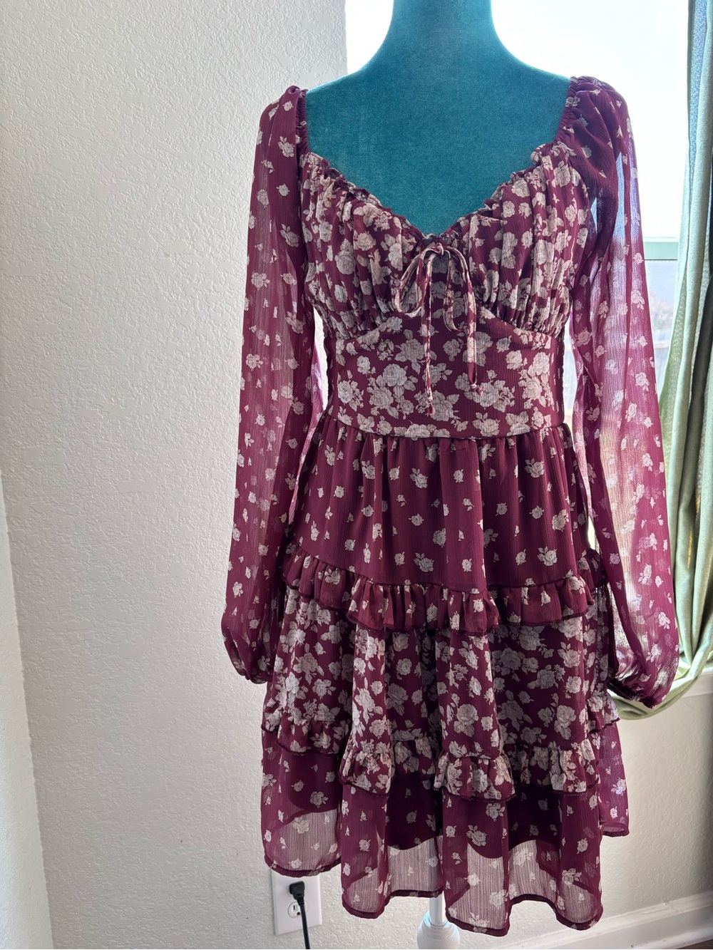 Altar'd State Whimsigoth Floral Tiered Mini Dress Medium Burgundy Boho